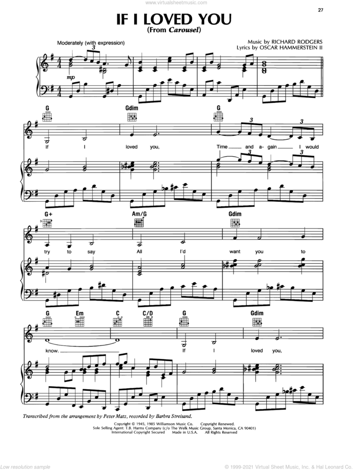 If I Loved You sheet music for voice, piano or guitar by Barbra Streisand, Oscar II Hammerstein and Richard Rodgers, intermediate skill level