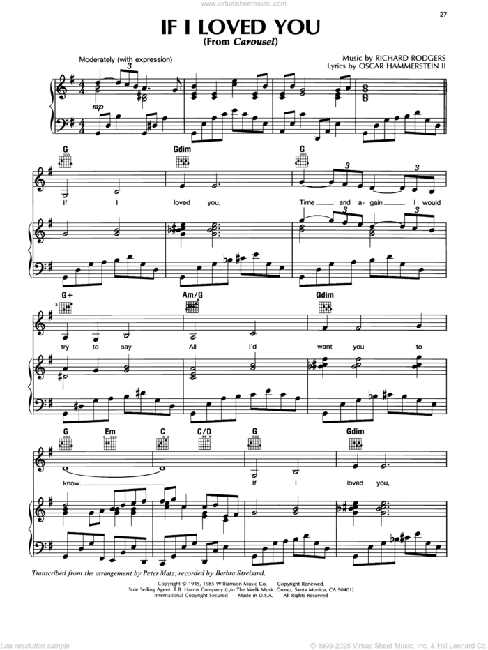 If I Loved You sheet music for voice, piano or guitar by Barbra Streisand, Oscar II Hammerstein and Richard Rodgers, intermediate skill level