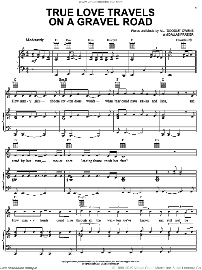 True Love Travels On A Gravel Road sheet music for voice, piano or guitar by Elvis Presley, A.L. 'Doodle' Owens and Dallas Frazier, intermediate skill level