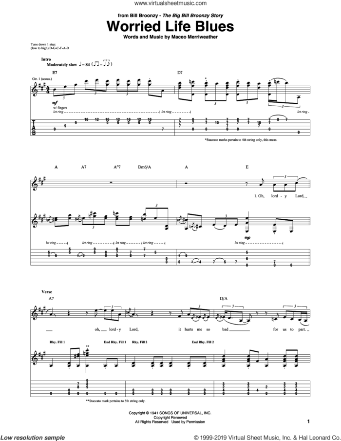 Worried Life Blues sheet music for guitar (tablature) by Big Bill Broonzy and Maceo Merriweather, intermediate skill level