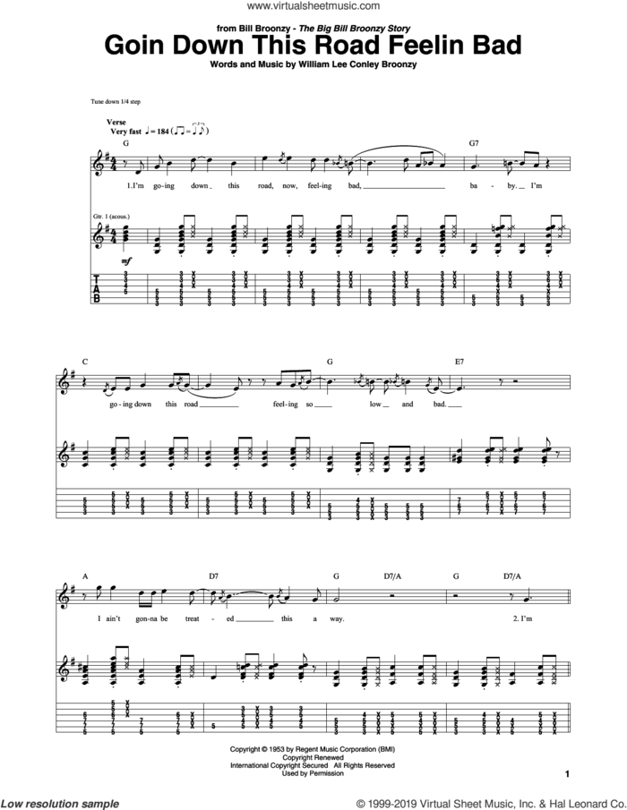 Goin Down This Road Feelin Bad sheet music for guitar (tablature) by Big Bill Broonzy and William Lee Conley Broonzy, intermediate skill level