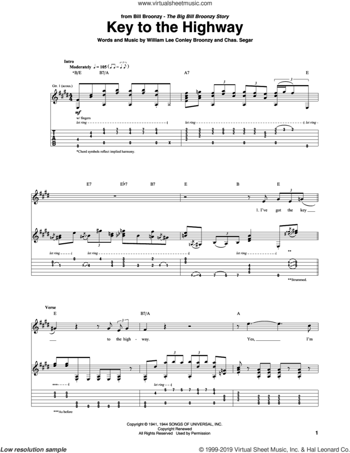 Key To The Highway sheet music for guitar (tablature) by Big Bill Broonzy, Charles Segar and William Lee Conley Broonzy, intermediate skill level