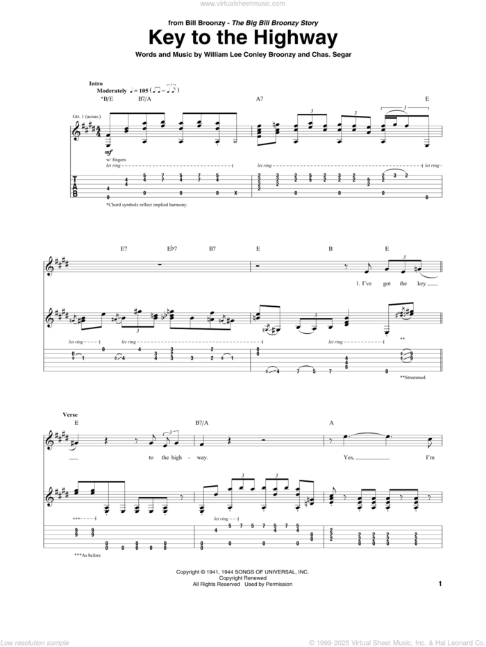 Key To The Highway sheet music for guitar (tablature) by Big Bill Broonzy, Charles Segar and William Lee Conley Broonzy, intermediate skill level