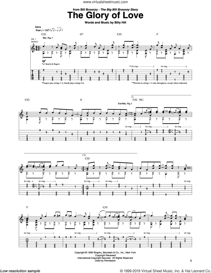 The Glory Of Love sheet music for guitar (tablature) by Big Bill Broonzy and Billy Hill, intermediate skill level