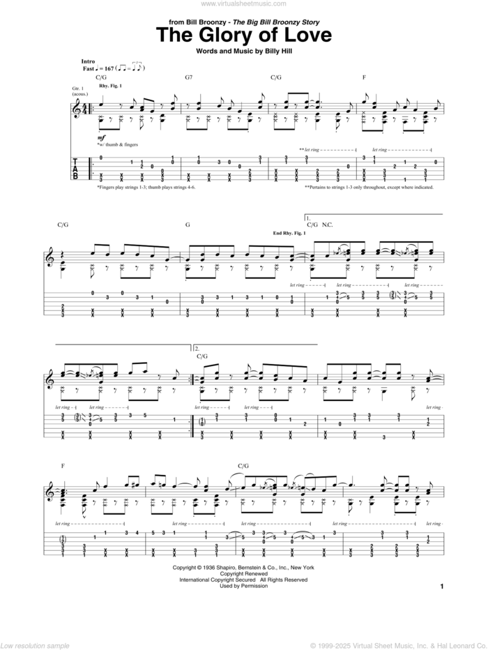 The Glory Of Love sheet music for guitar (tablature) by Big Bill Broonzy and Billy Hill, intermediate skill level