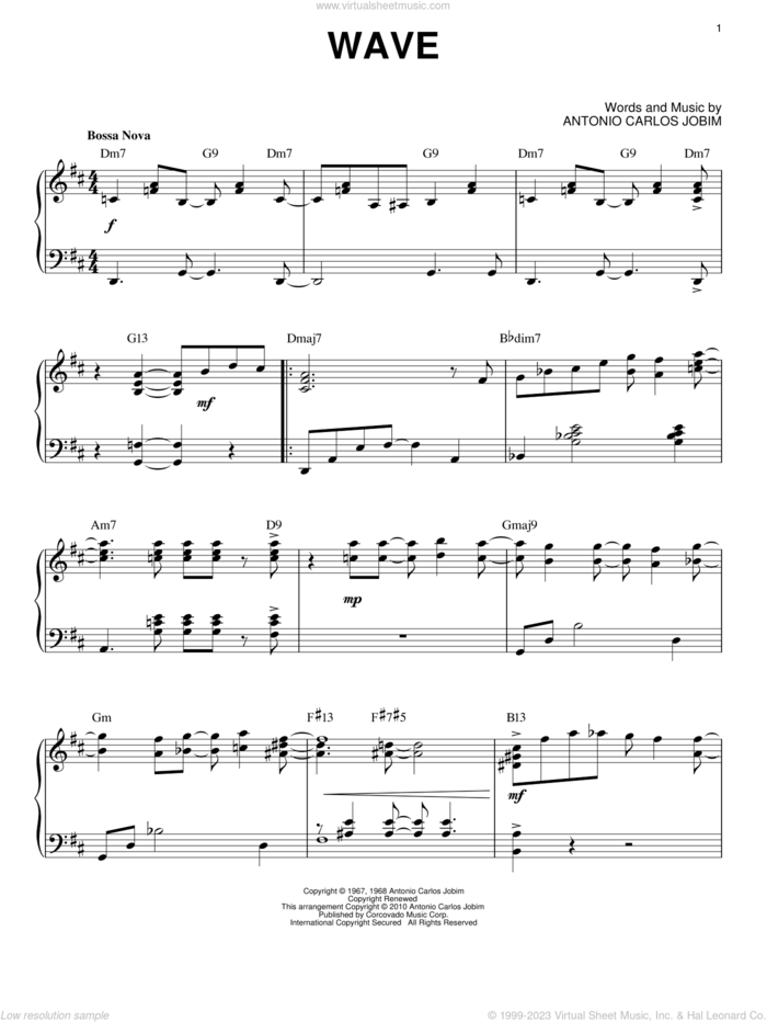 Wave [Jazz version] (arr. Brent Edstrom) sheet music for piano solo by Antonio Carlos Jobim and Brent Edstrom, intermediate skill level