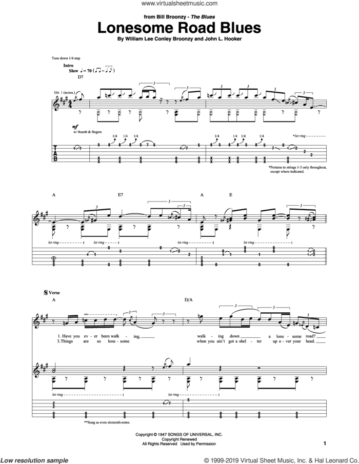 Lonesome Road Blues sheet music for guitar (tablature) by Big Bill Broonzy, John L. Hooker and William Lee Conley Broonzy, intermediate skill level