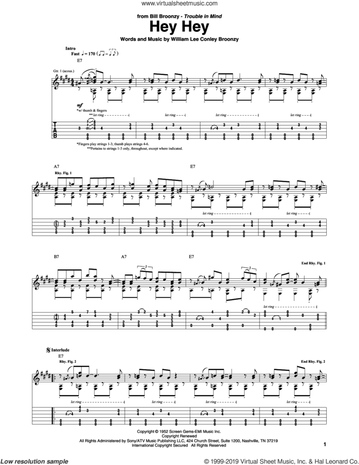 Hey Hey sheet music for guitar (tablature) by Big Bill Broonzy and William Lee Conley Broonzy, intermediate skill level