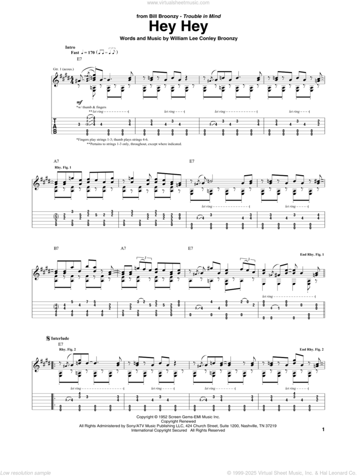 Hey Hey sheet music for guitar (tablature) by Big Bill Broonzy and William Lee Conley Broonzy, intermediate skill level