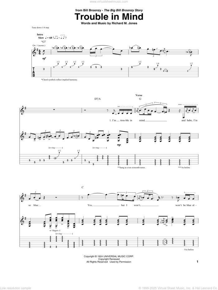 Trouble In Mind sheet music for guitar (tablature) by Big Bill Broonzy and Richard M. Jones, intermediate skill level