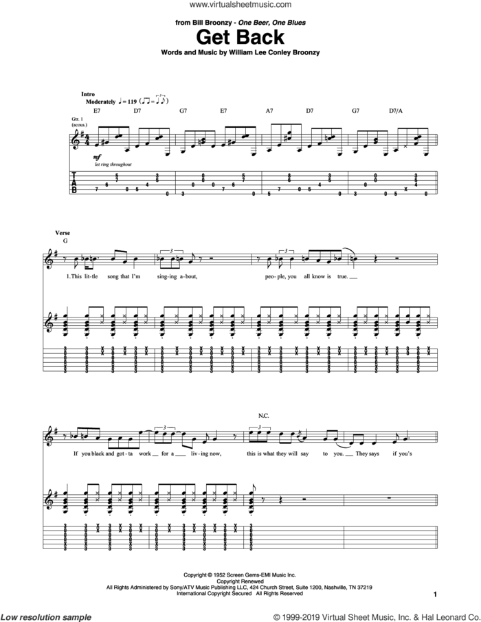 Get Back sheet music for guitar (tablature) by Big Bill Broonzy and William Lee Conley Broonzy, intermediate skill level
