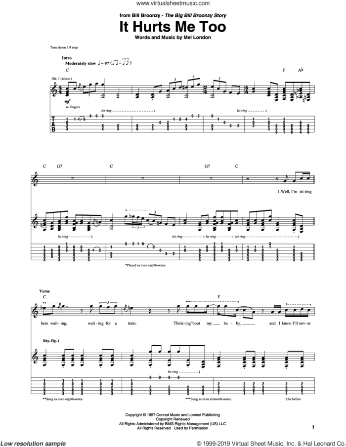 It Hurts Me Too sheet music for guitar (tablature) by Big Bill Broonzy and Mel London, intermediate skill level