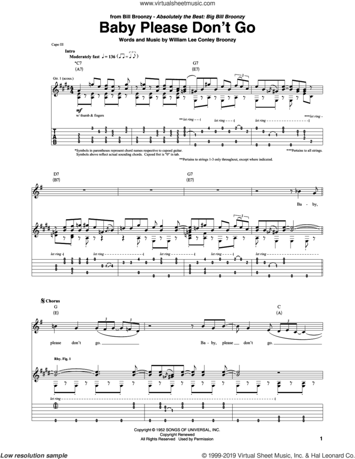 Baby Please Don't Go sheet music for guitar (tablature) by Big Bill Broonzy and William Lee Conley Broonzy, intermediate skill level