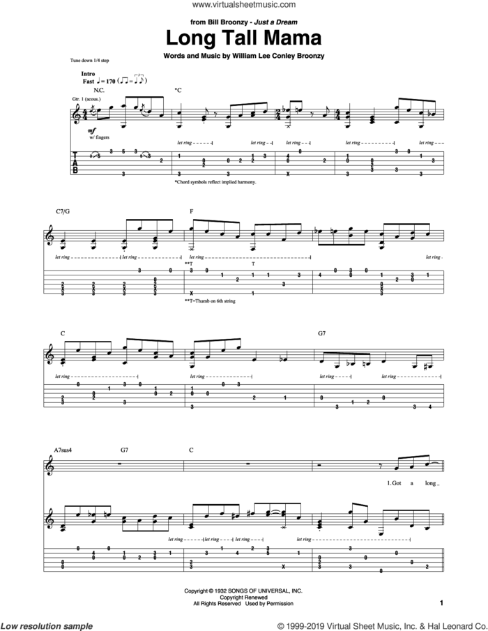 Long Tall Mama sheet music for guitar (tablature) by Big Bill Broonzy and William Lee Conley Broonzy, intermediate skill level
