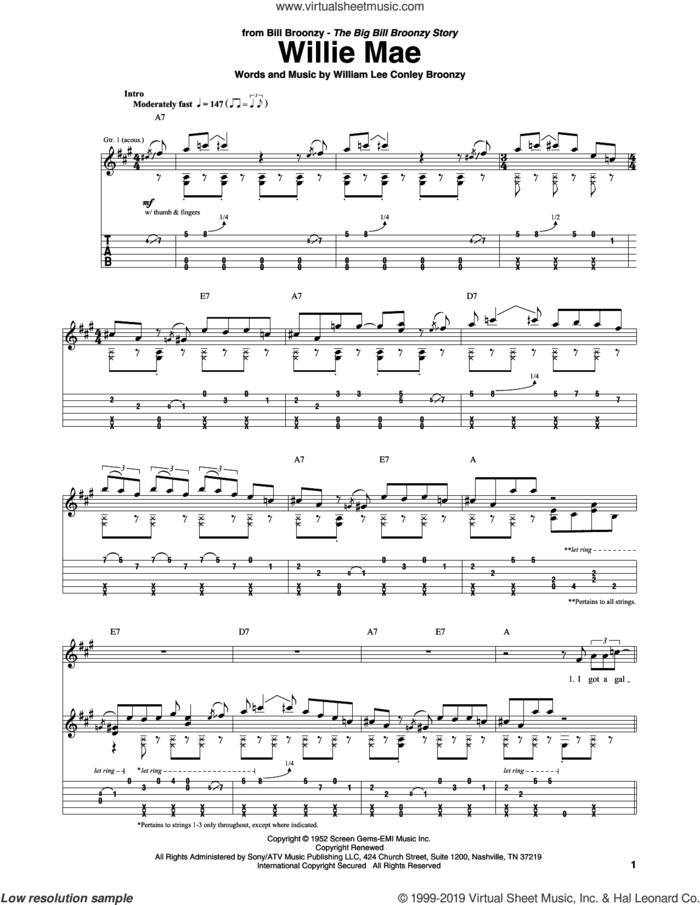 Willie Mae sheet music for guitar (tablature) by Big Bill Broonzy and William Lee Conley Broonzy, intermediate skill level