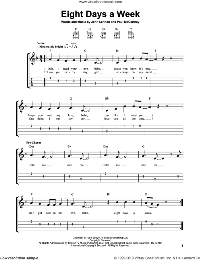 Eight Days A Week sheet music for ukulele (easy tablature) (ukulele easy tab) by The Beatles, John Lennon and Paul McCartney, intermediate skill level