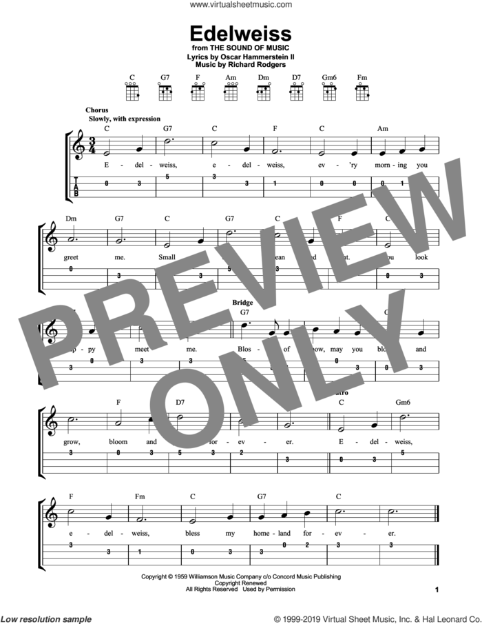 Edelweiss (from The Sound Of Music) sheet music for ukulele (easy tablature) (ukulele easy tab) by Rodgers & Hammerstein, Oscar II Hammerstein and Richard Rodgers, intermediate skill level