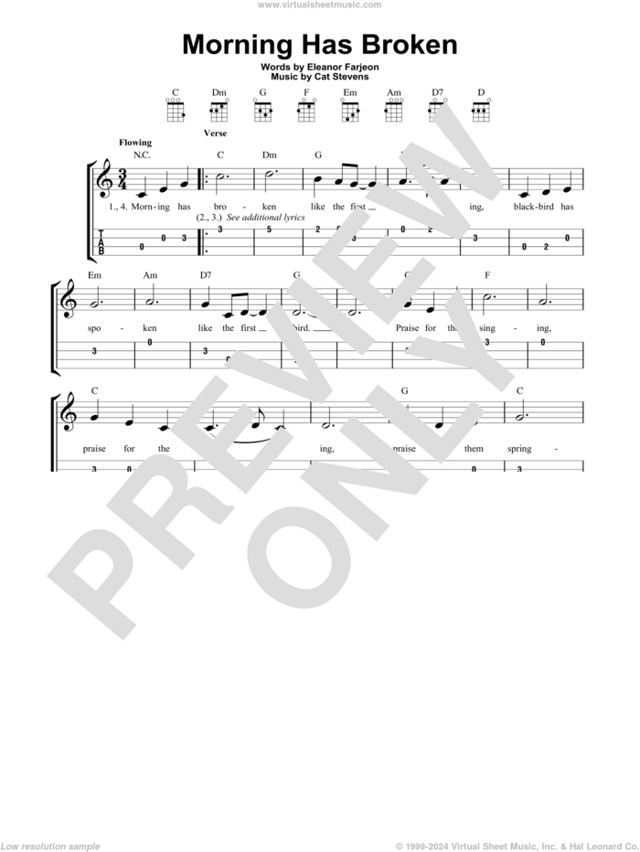 Morning Has Broken sheet music for ukulele (easy tablature) (ukulele easy tab) by Cat Stevens and Eleanor Farjeon, intermediate skill level