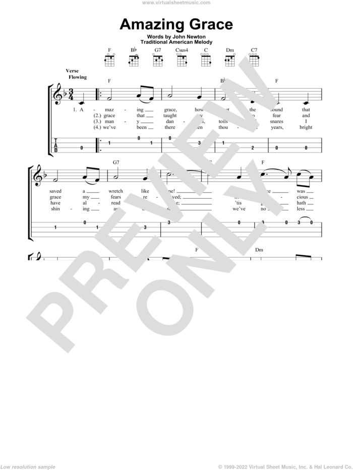 Amazing Grace sheet music for ukulele (easy tablature) (ukulele easy tab) by John Newton, Edwin O. Excell and Miscellaneous, wedding score, intermediate skill level