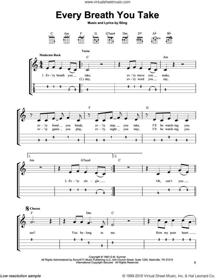 Every Breath You Take sheet music for ukulele (easy tablature) (ukulele easy tab) by The Police and Sting, intermediate skill level