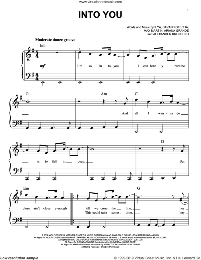 Into You sheet music for piano solo by Ariana Grande, Alexander Kronlund, Ilya, Max Martin and Savan Kotecha, easy skill level