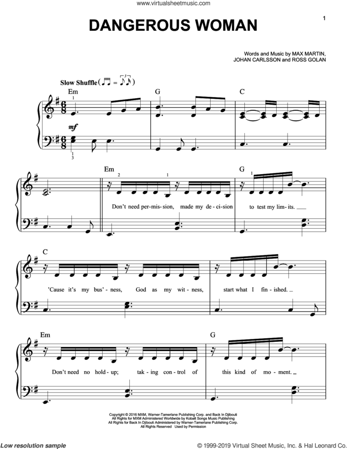 Dangerous Woman sheet music for piano solo by Ariana Grande, Johan Carlsson, Max Martin and Ross Golan, easy skill level