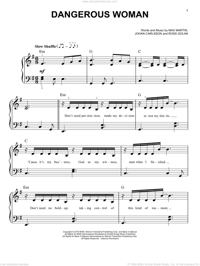 Dangerous Woman sheet music for piano solo by Ariana Grande, Johan Carlsson, Max Martin and Ross Golan, easy skill level