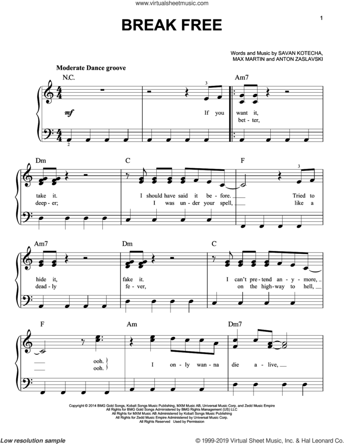 Break Free (feat. Zedd) sheet music for piano solo by Ariana Grande, Anton Zaslavski, Max Martin and Savan Kotecha, easy skill level