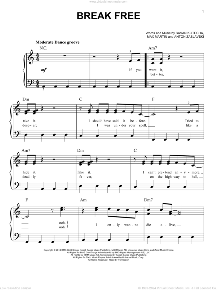 Break Free (feat. Zedd) sheet music for piano solo by Ariana Grande, Anton Zaslavski, Max Martin and Savan Kotecha, easy skill level