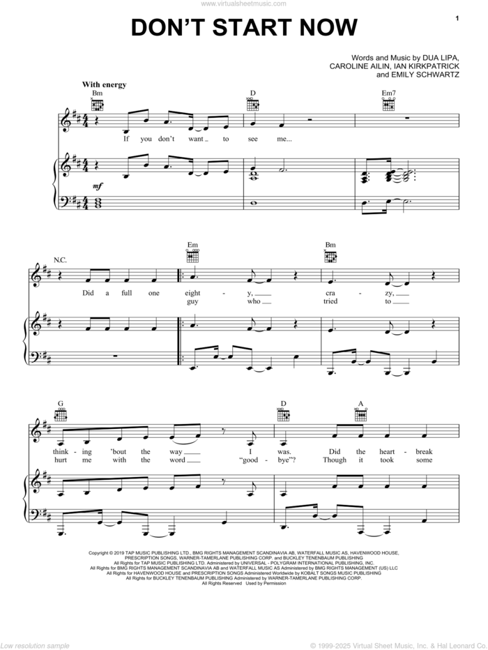 Don't Start Now sheet music for voice, piano or guitar by Dua Lipa, Caroline Ailin, Emily Warren Schwartz and Ian Kirkpatrick, intermediate skill level