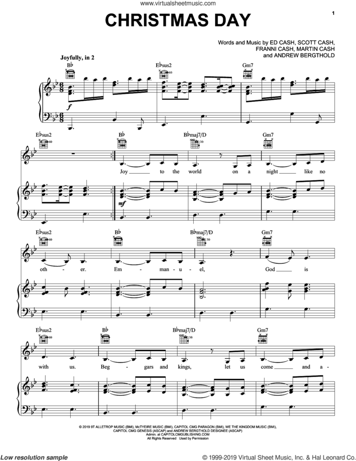 Christmas Day (feat. We The Kingdom) sheet music for voice, piano or guitar by Chris Tomlin, Andrew Bergthold, Ed Cash, Franni Cash, Martin Cash and Scott Cash, intermediate skill level