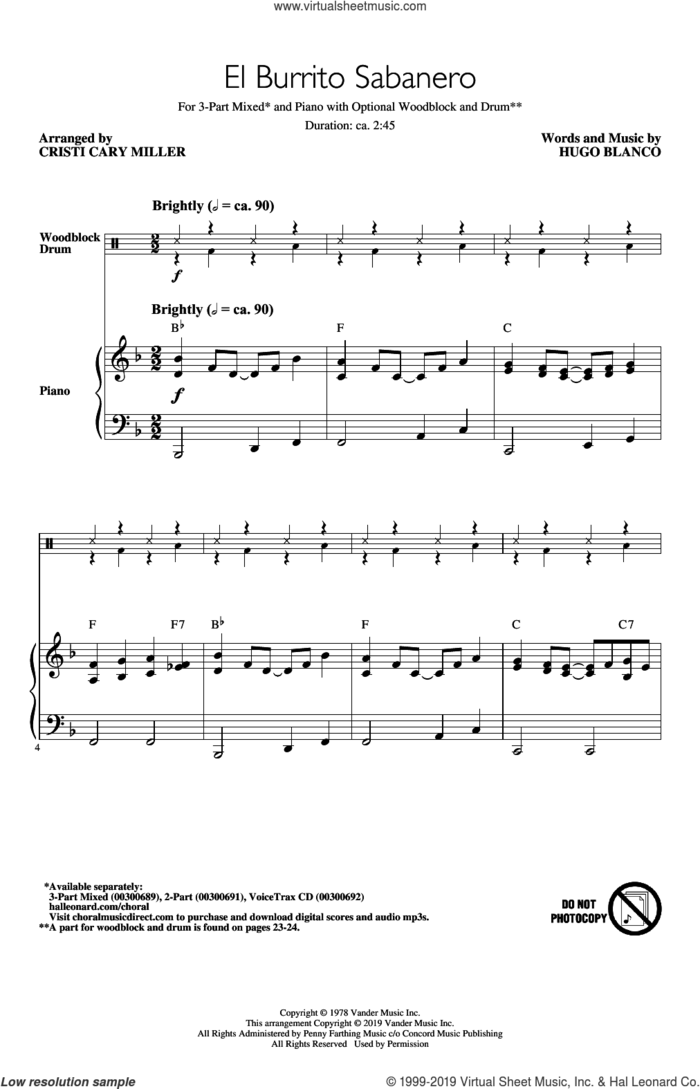 El Burrito Sabanero (Mi Burrito Sabanero) (arr. Cristi Cary Miller) sheet music for choir (3-Part Mixed) by Hugo Blanco and Cristi Cary Miller, intermediate skill level