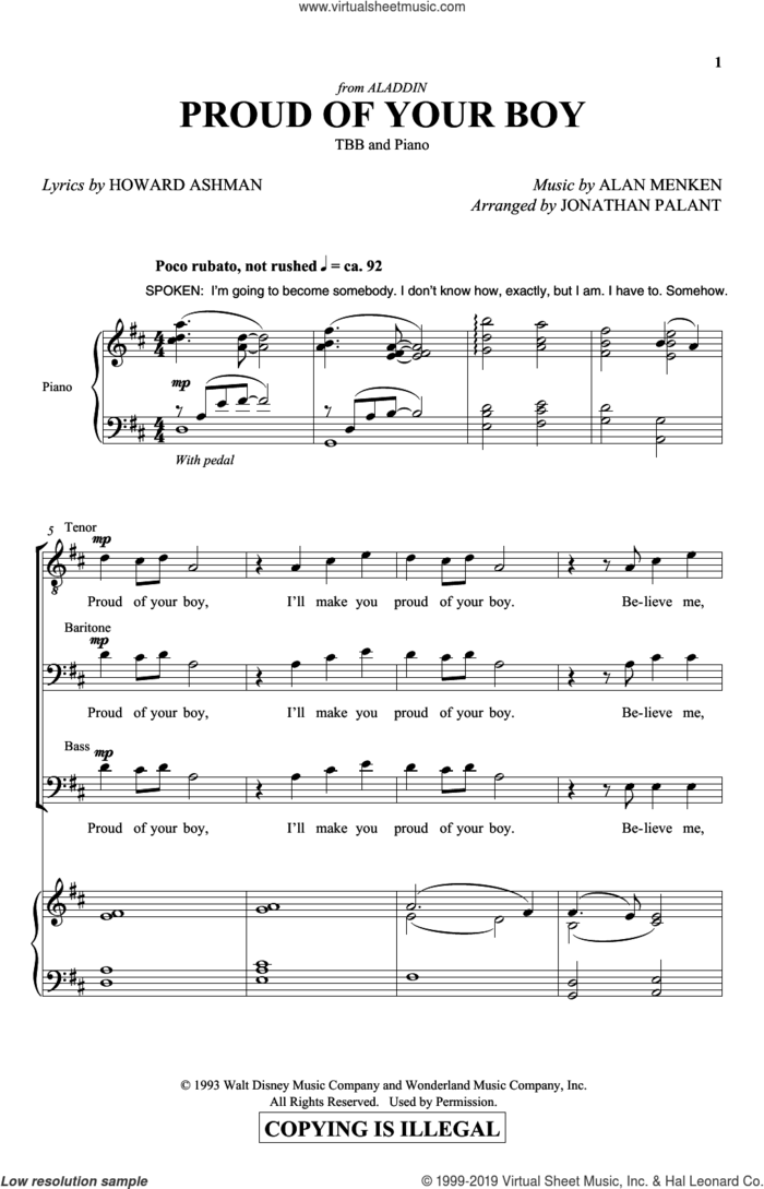 Proud Of Your Boy (from Aladdin: The Broadway Musical) (arr. Jonathan Palant) sheet music for choir (TBB: tenor, bass) by Alan Menken, Jonathan Palant, Howard Ashman and Howard Ashman and Alan Menken, intermediate skill level
