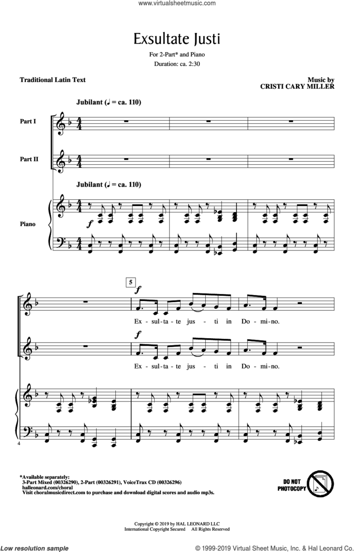 Exsultate Justi sheet music for choir (2-Part) by Cristi Cary Miller and Miscellaneous, intermediate duet