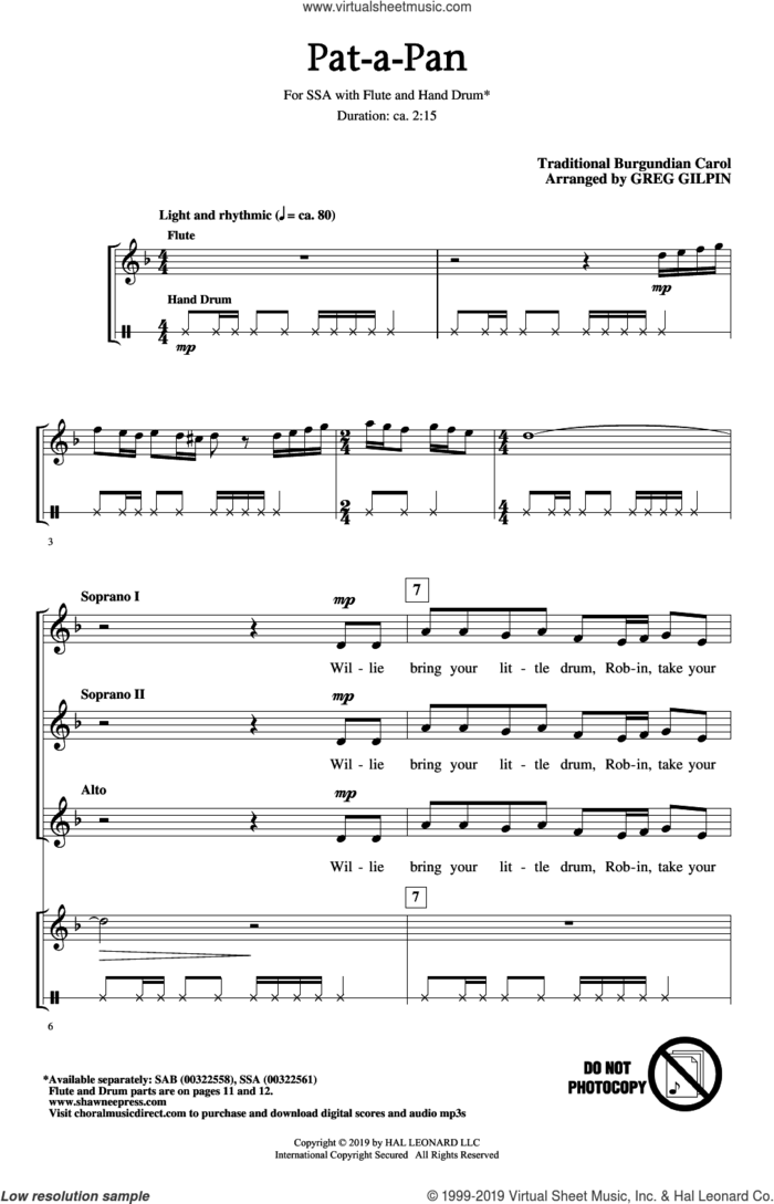 Pat-A-Pan (arr. Greg Gilpin) sheet music for choir (SSA: soprano, alto) by Traditional Burgundian Carol and Greg Gilpin, intermediate skill level