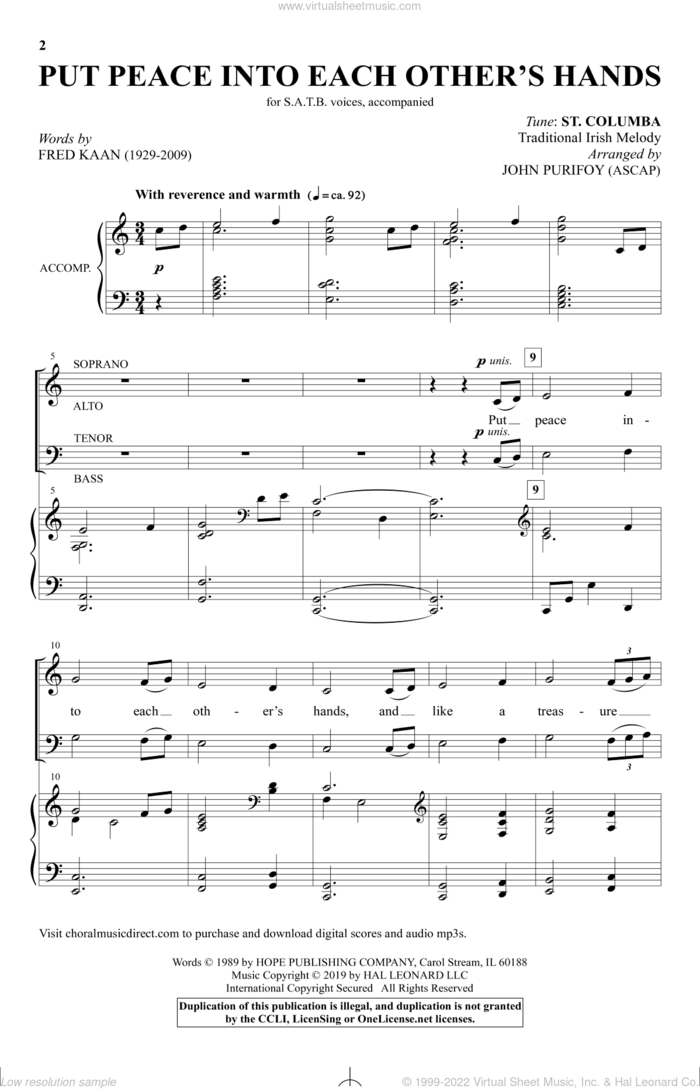 Put Peace Into Each Other's Hands (arr. John Purifoy) sheet music for choir (SATB: soprano, alto, tenor, bass) by Fred Kaan and John Purifoy, intermediate skill level