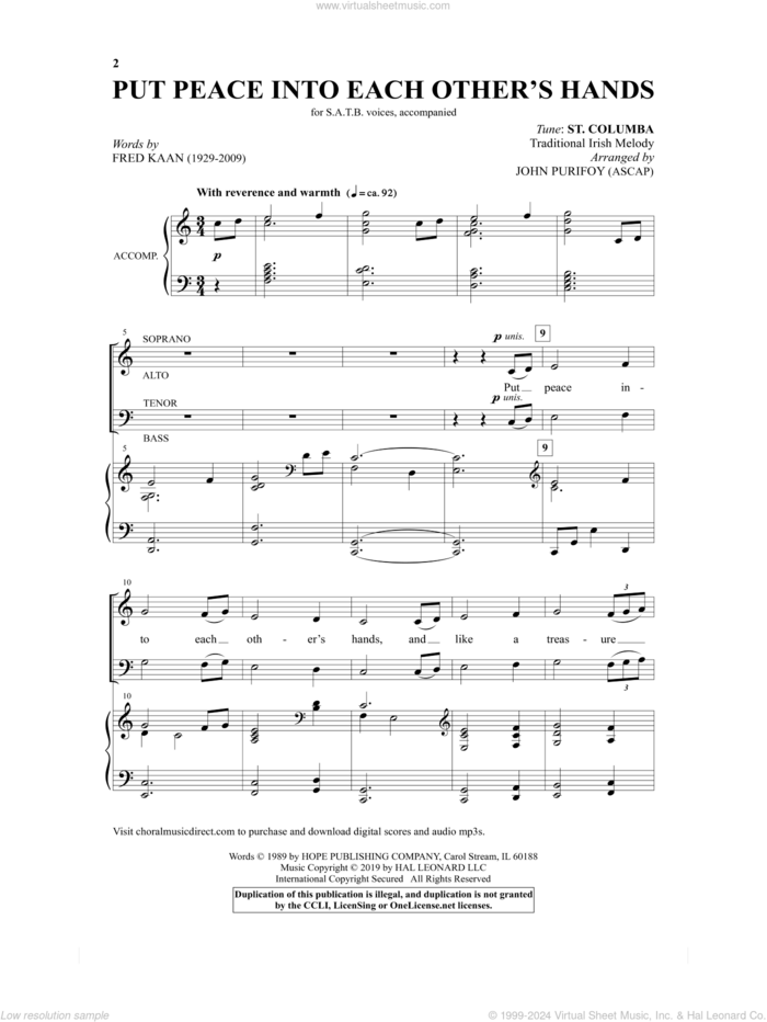 Put Peace Into Each Other's Hands (arr. John Purifoy) sheet music for choir (SATB: soprano, alto, tenor, bass) by Fred Kaan and John Purifoy, intermediate skill level