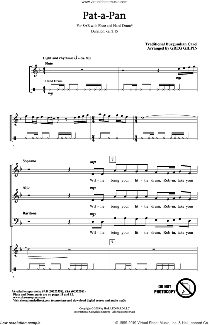 Pat-A-Pan (arr. Greg Gilpin) sheet music for choir (SAB: soprano, alto, bass) by Traditional Burgundian Carol and Greg Gilpin, intermediate skill level