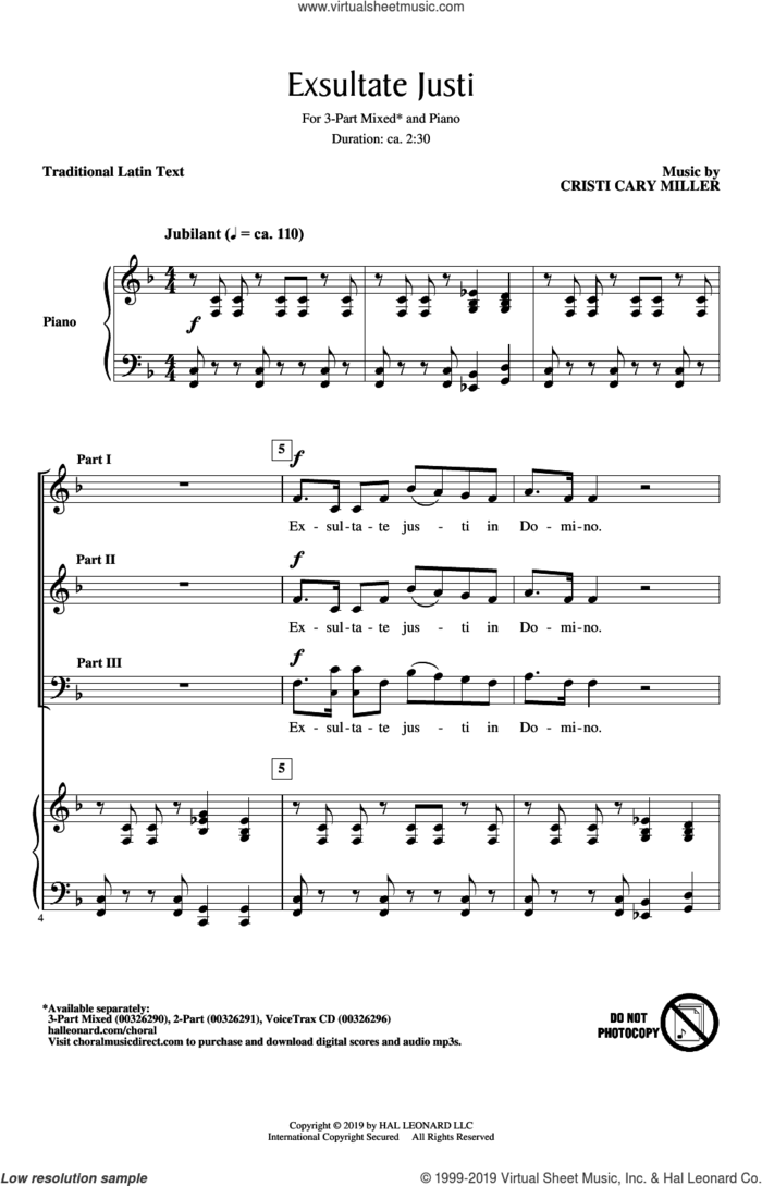 Exsultate Justi sheet music for choir (3-Part Mixed) by Cristi Cary Miller and Miscellaneous, intermediate skill level