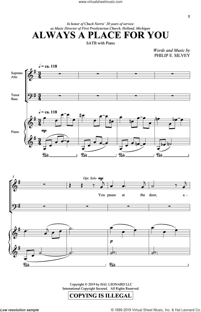 Always A Place For You sheet music for choir (SATB: soprano, alto, tenor, bass) by Philip Silvey, intermediate skill level