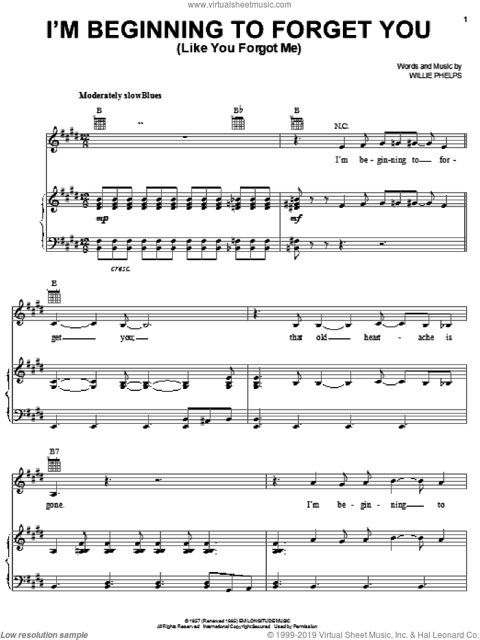 I'm Beginning To Forget You (Like You Forgot Me) sheet music for voice, piano or guitar by Elvis Presley and Willie Phelps, intermediate skill level