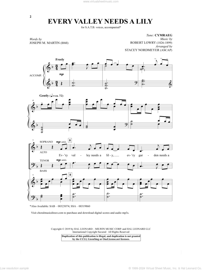 Every Valley Needs A Lily (arr. Stacey Nordmeyer) sheet music for choir (SATB: soprano, alto, tenor, bass) by Robert Lowry, Stacey Nordmeyer, Joseph M. Martin and Joseph M. Martin and Robert Lowry, intermediate skill level