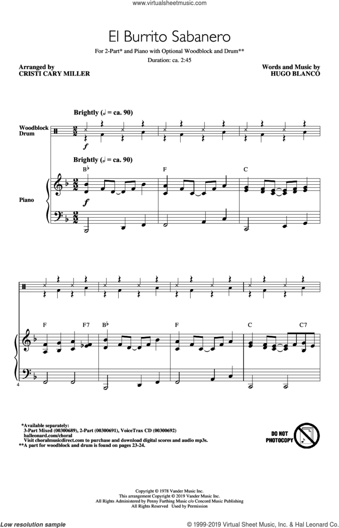 El Burrito Sabanero (Mi Burrito Sabanero) (arr. Cristi Cary Miller) sheet music for choir (2-Part) by Hugo Blanco and Cristi Cary Miller, intermediate duet