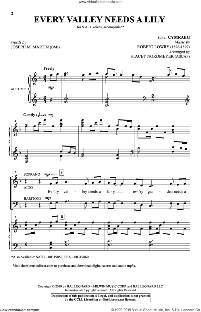 Every Valley Needs A Lily (arr. Stacey Nordmeyer) sheet music for choir (SAB: soprano, alto, bass) by Robert Lowry, Stacey Nordmeyer, Joseph M. Martin and Joseph M. Martin and Robert Lowry, intermediate skill level