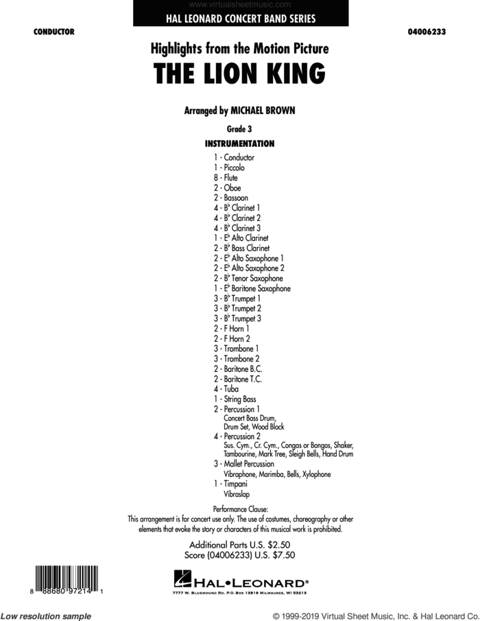 The Lion King (2019) (Highlights from the Motion Picture) (COMPLETE) sheet music for concert band by Elton John, Hans Zimmer, Michael Brown and Tim Rice, intermediate skill level
