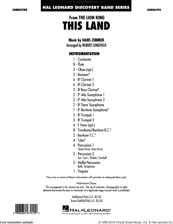 This Land (from The Lion King) (arr. Robert Longfield) (COMPLETE) sheet music for concert band by Robert Longfield and Hans Zimmer, intermediate skill level