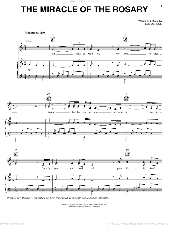 The Miracle Of The Rosary sheet music for voice, piano or guitar by Elvis Presley and Lee Denson, intermediate skill level