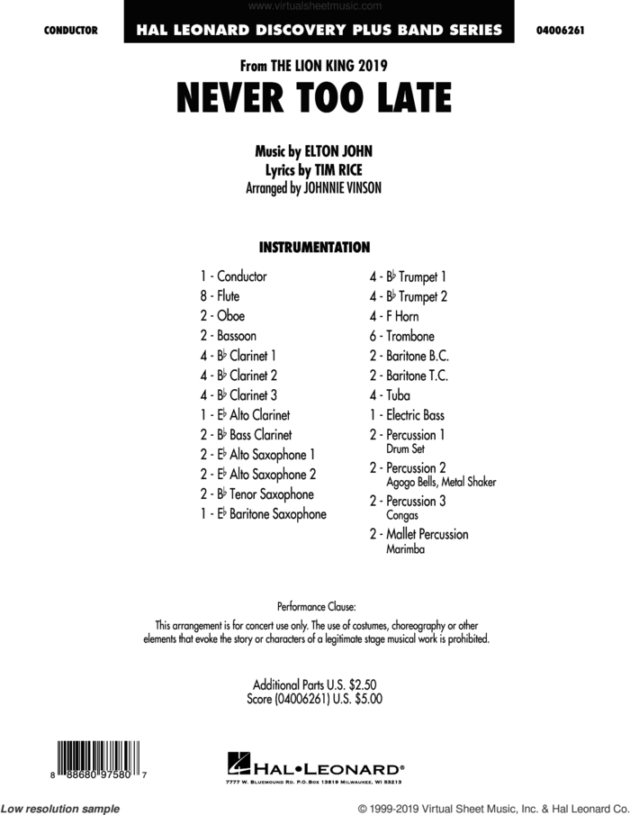 Never Too Late (from The Lion King 2019) (arr. Johnnie Vinson) (COMPLETE) sheet music for concert band by Elton John, Johnnie Vinson and Tim Rice, intermediate skill level