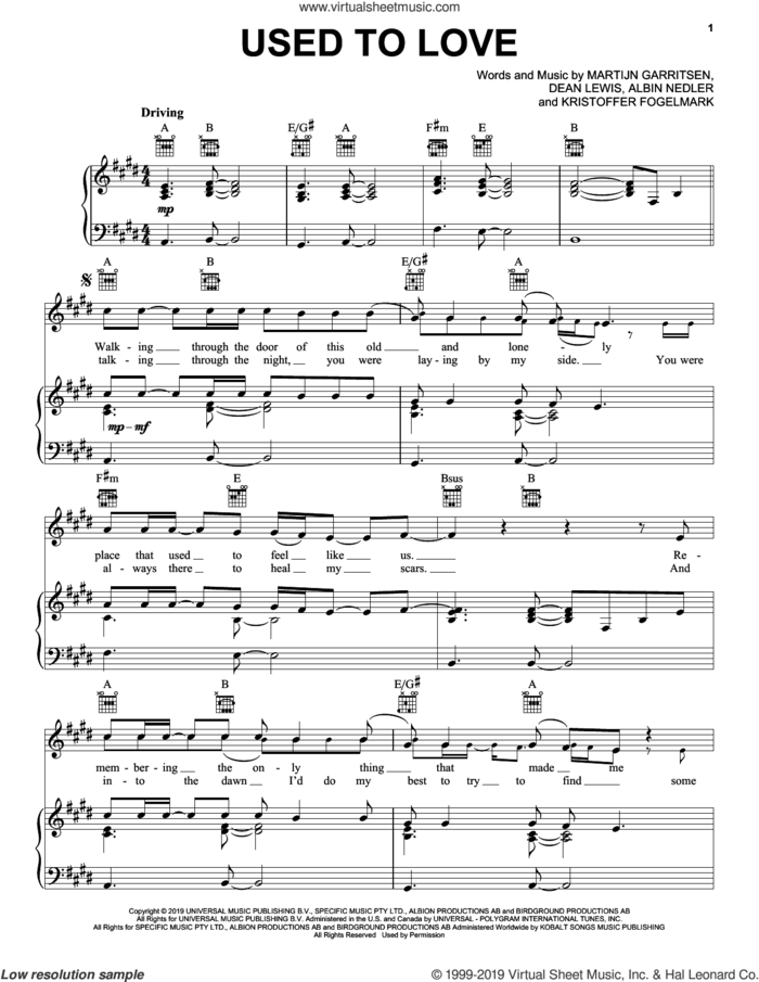 Used To Love sheet music for voice, piano or guitar by Martin Garrix & Dean Lewis, Albin Nedler, Dean Lewis, Kristoffer Fogelmark and Martijn Garritsen, intermediate skill level