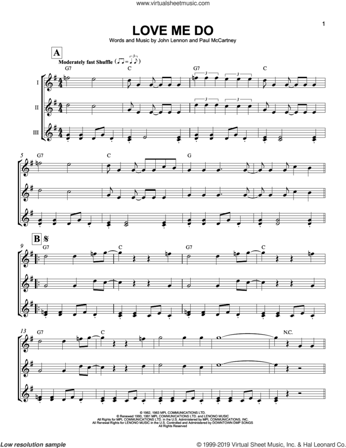 Love Me Do sheet music for ukulele ensemble by The Beatles, John Lennon and Paul McCartney, intermediate skill level
